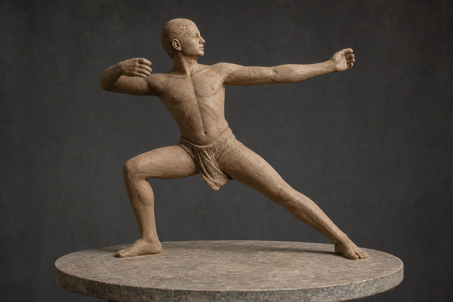 A clay figure in a low stance with one knee flexed, the other leg extended behind, and the torso turned above planted feet.