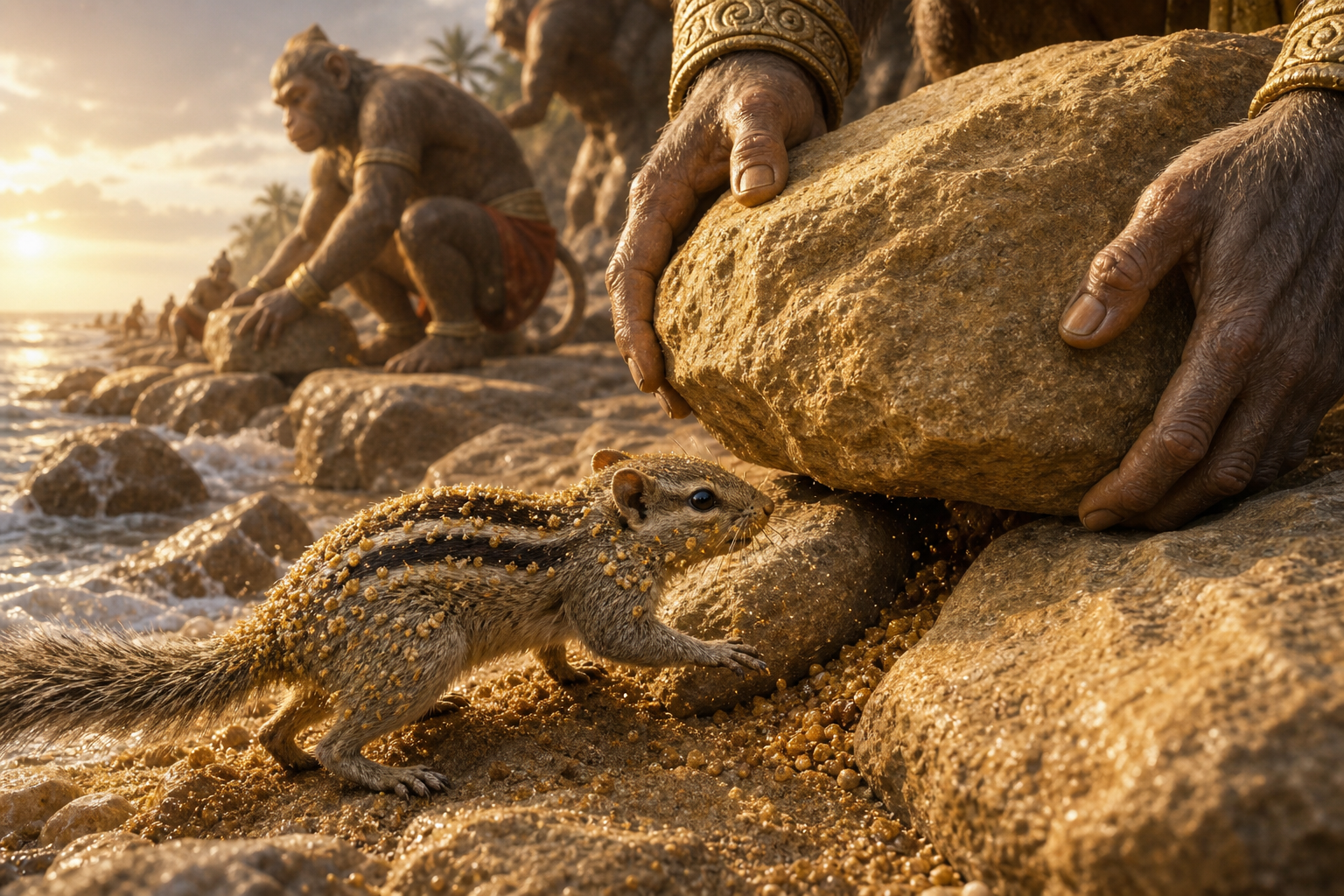 A striped palm squirrel brings sand to gaps between the large stones of a sea bridge as vanara builders place boulders around it.