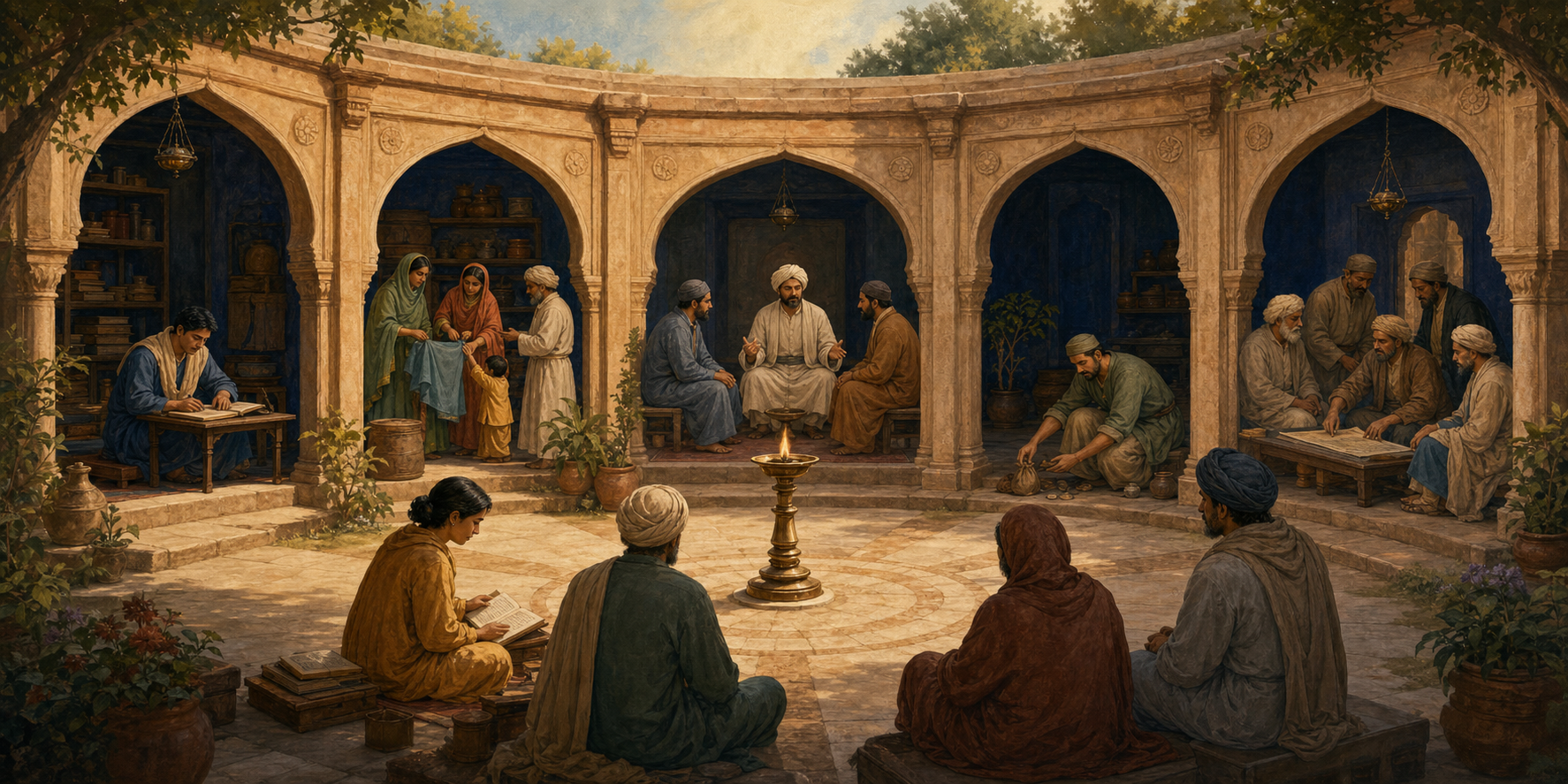 Five connected courtyard scenes depict personal study, household responsibility, mediation, restitution, and public stewardship around a central lamp.