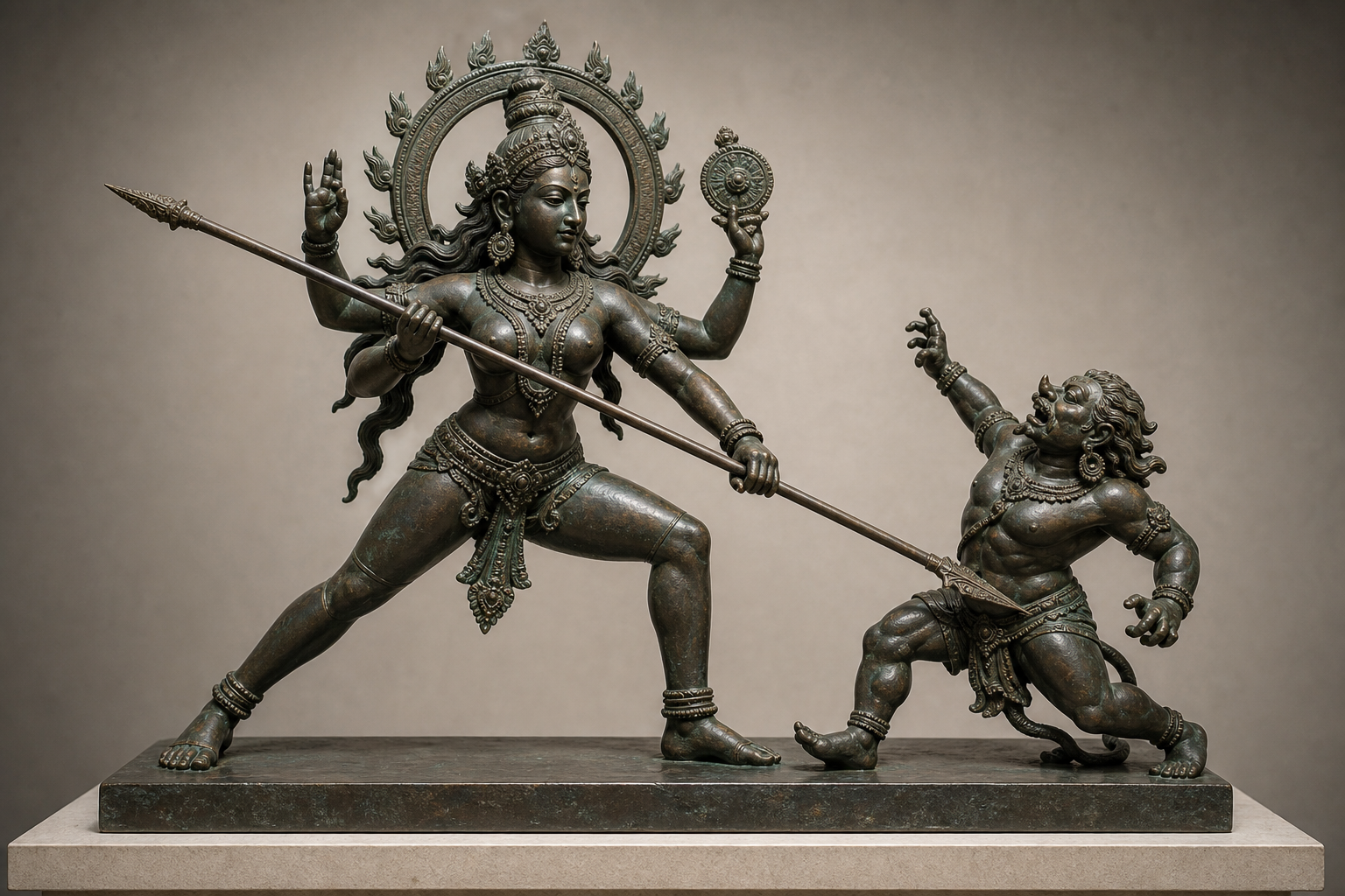 A calm four-armed goddess stands with one knee bent and one leg braced behind while an off-balance demon recoils nearby.