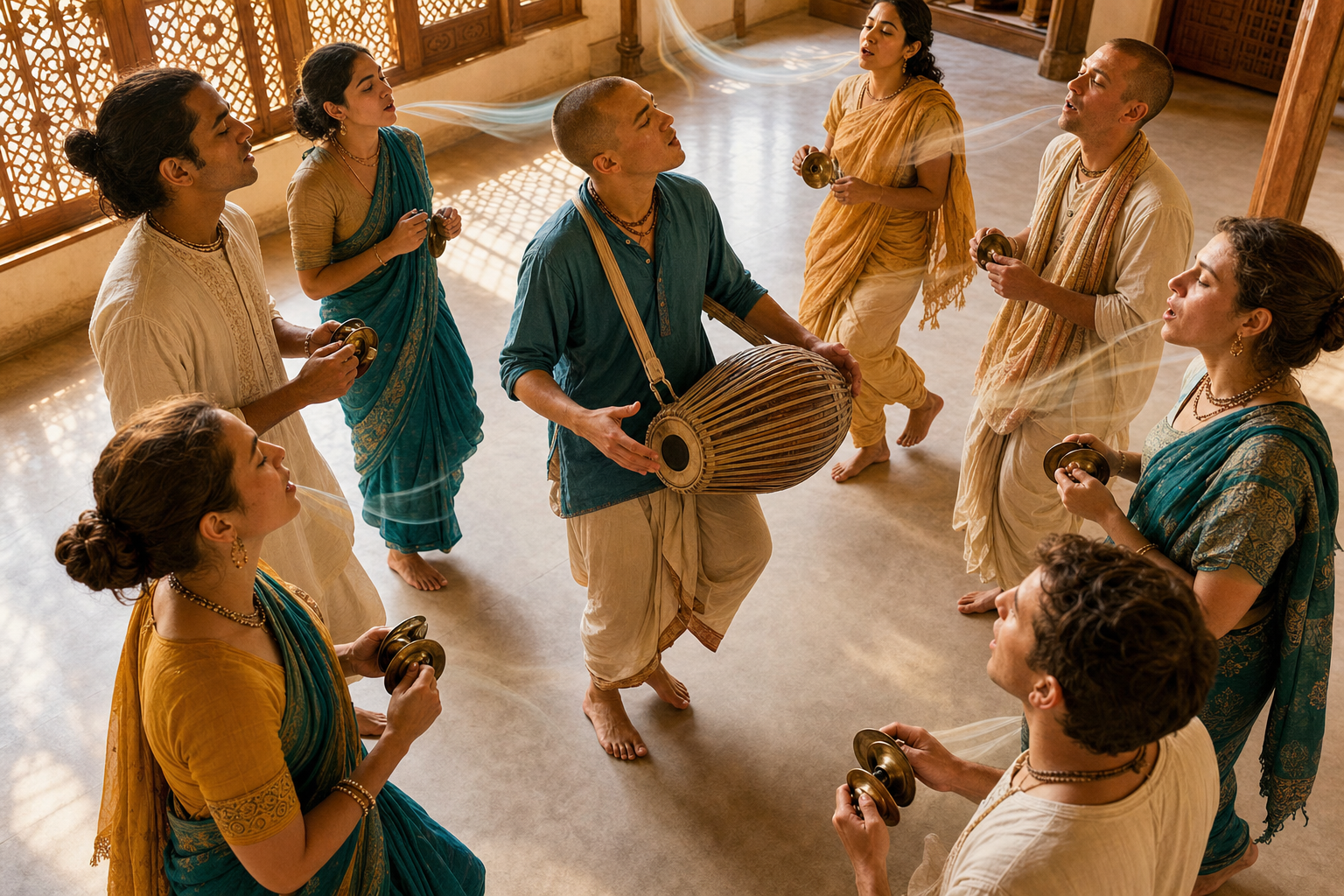Devotees breathe, sing, play cymbals and drum, and take grounded steps together in a spacious kirtana circle.