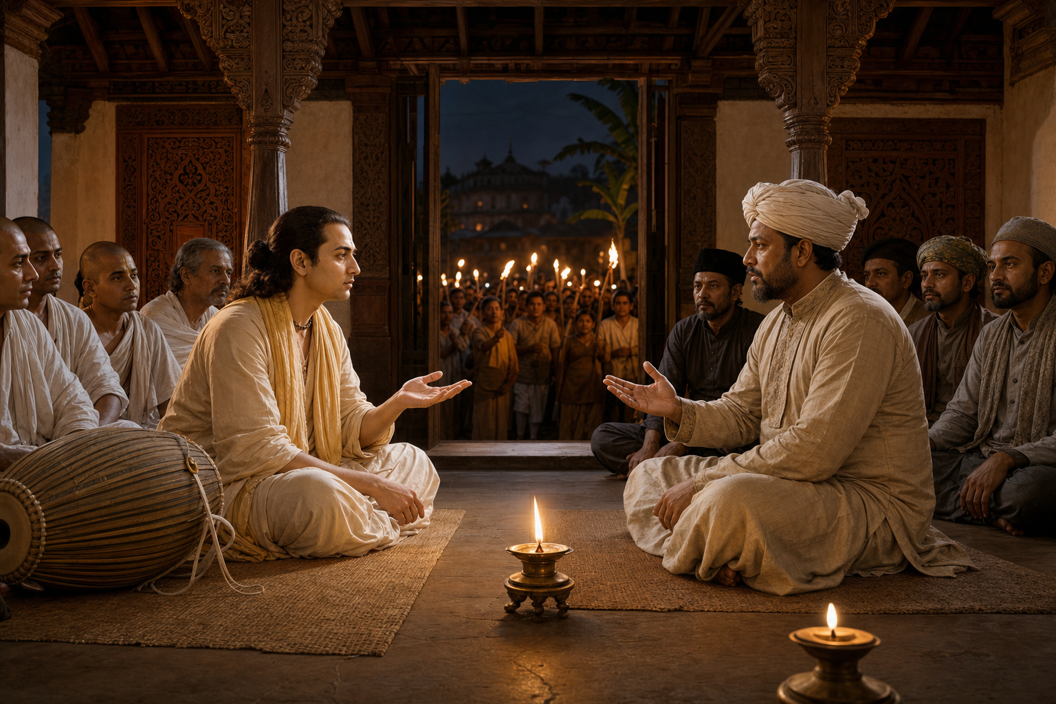 Caitanya and the Chand Kazi sit at equal height in a lamplit veranda and speak while companions and attendants observe from behind.
