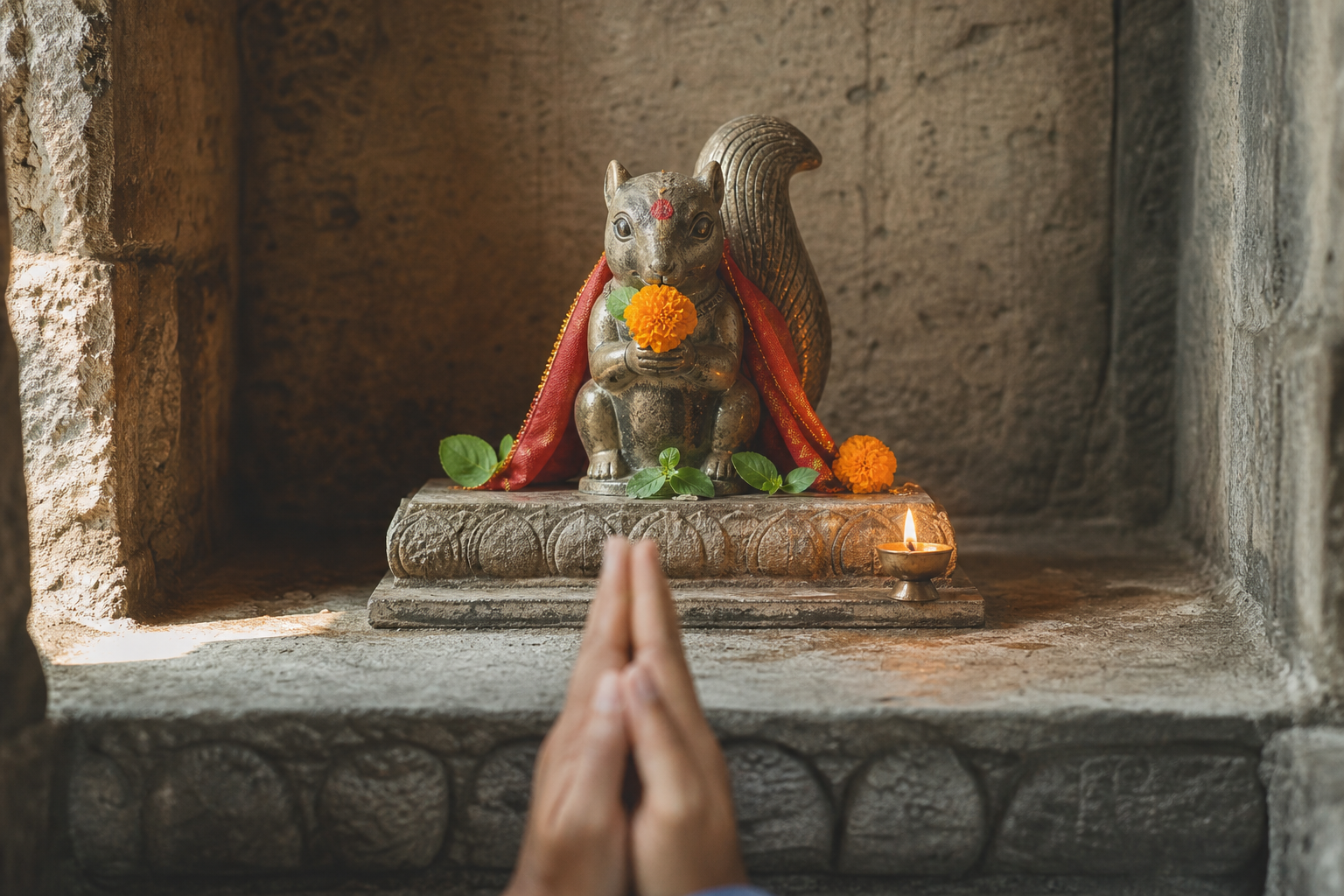 A visitor folds their hands before a flower-decorated squirrel-form shrine illuminated by a single oil lamp.
