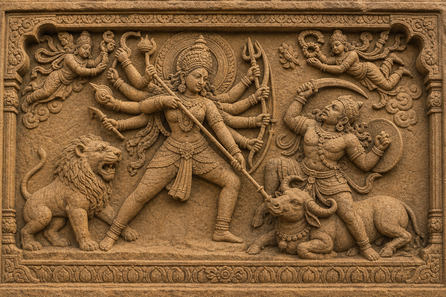 A sandstone narrative relief shows a many-armed goddess in a braced stance facing a buffalo-associated demon, with a lion and attendants nearby.