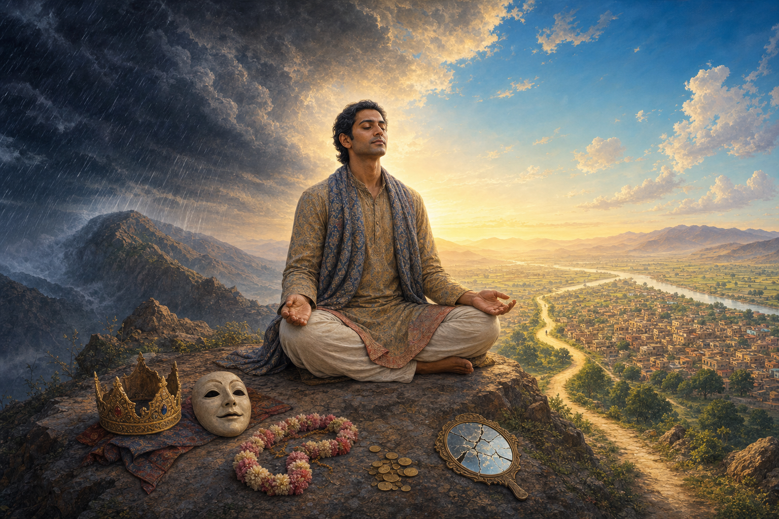 A calm seated figure overlooks a village as storm clouds pass into clear sky, with a crown, mask, coins, garland, and mirror resting nearby.