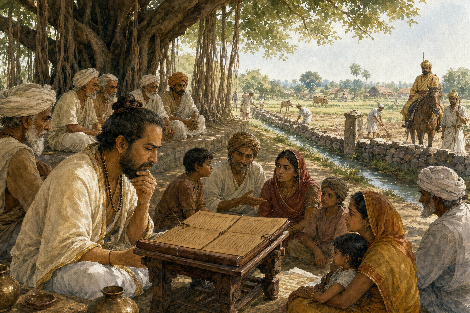 A jurist, community members, elders, and a public official consider a dispute involving land, water, custom, and practical consequences.