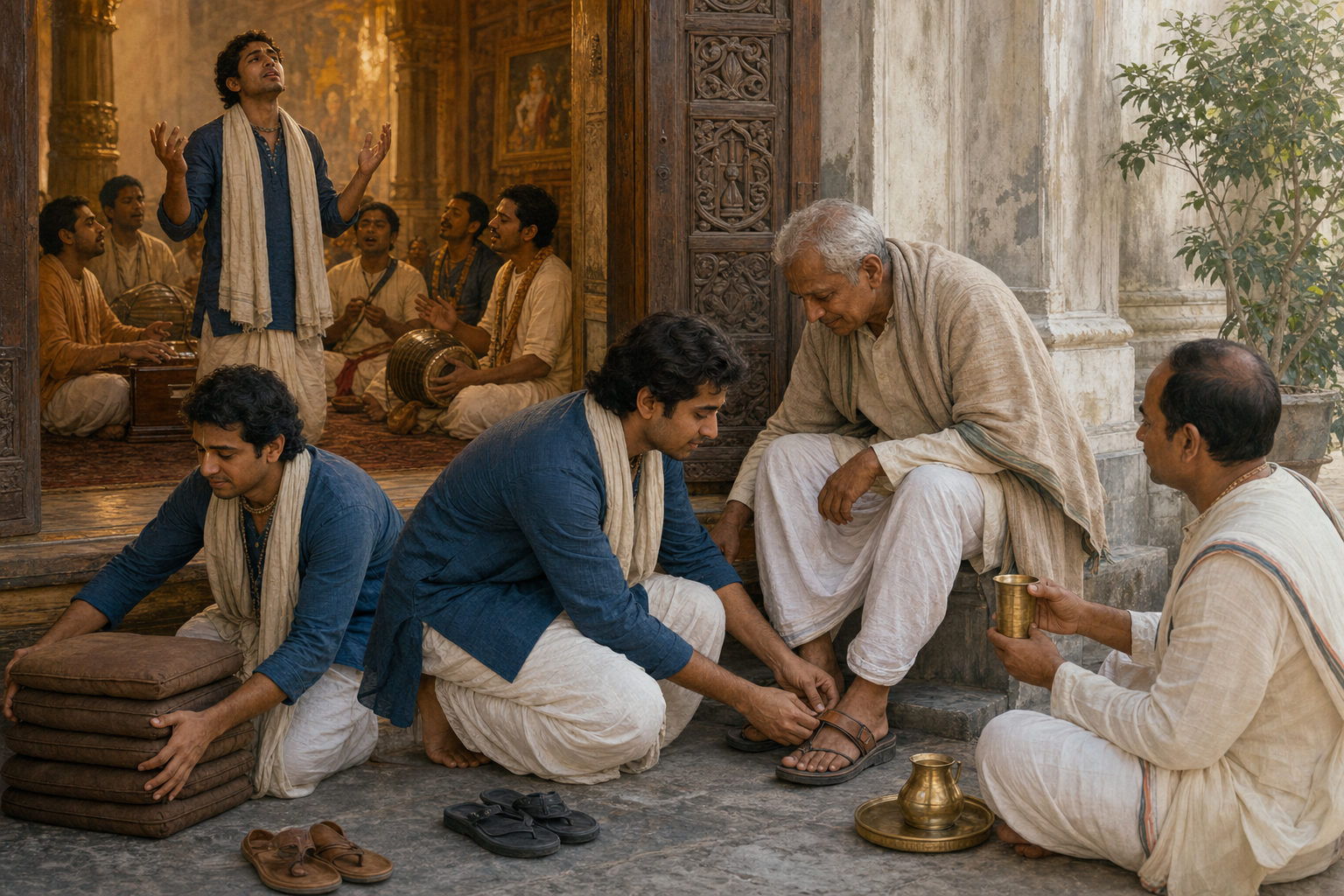 A devotee moved during kirtana later helps an older participant with sandals, arranges cushions, and offers water outside the temple hall.