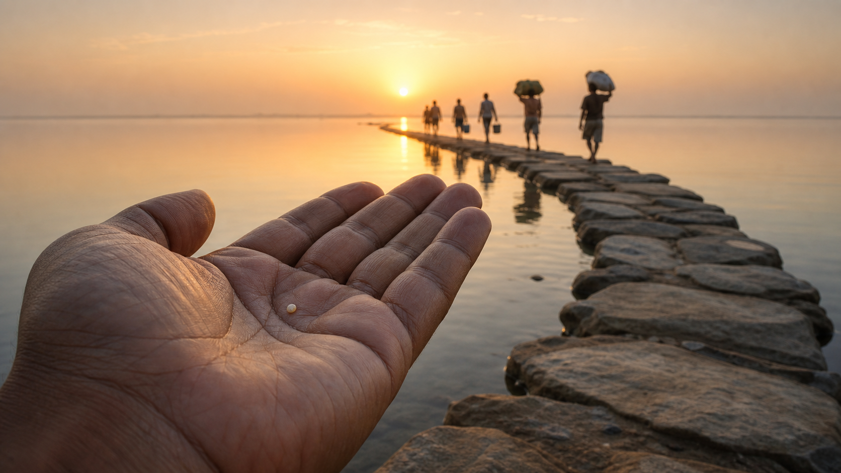 An open palm holds one grain of sand against a distant stone path crossing calm water at sunrise.