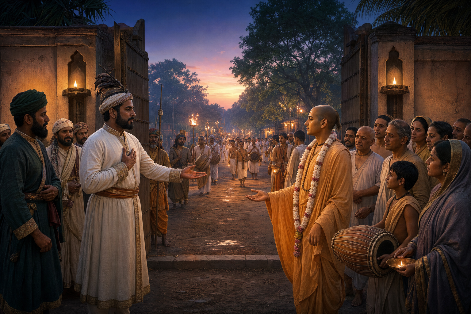 The Chand Kazi offers an assuring gesture to Caitanya at an open gate while an intact mrdanga and a peaceful procession occupy the public road beyond them.