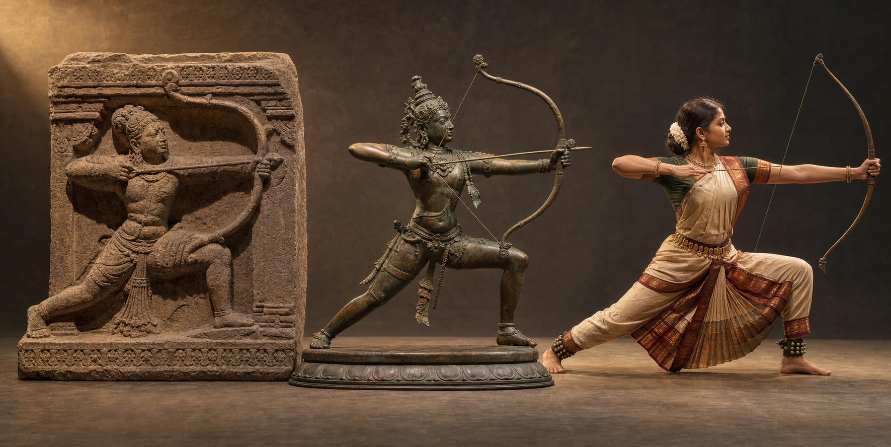 A stone relief, a bronze deity, and a classical dancer each display a similar stance with one bent knee and the other leg extended behind.