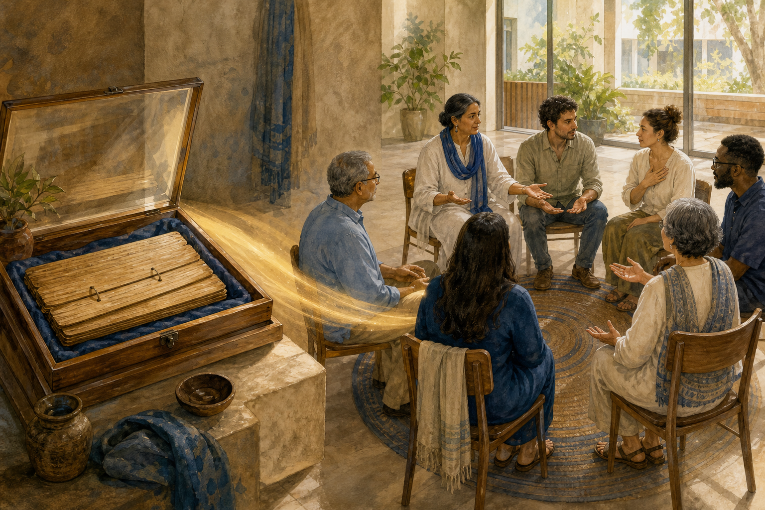 An archived palm-leaf manuscript is visually connected by warm light to a contemporary community mediation circle.