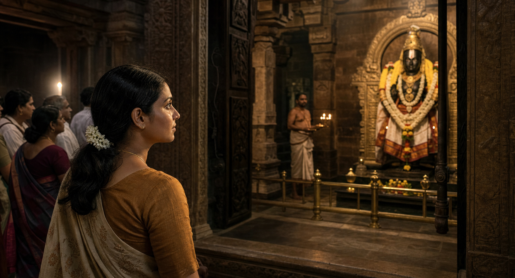 A devotee stands attentively before a flower-adorned black-stone deity murti illuminated by an oil lamp inside a Hindu temple sanctum.