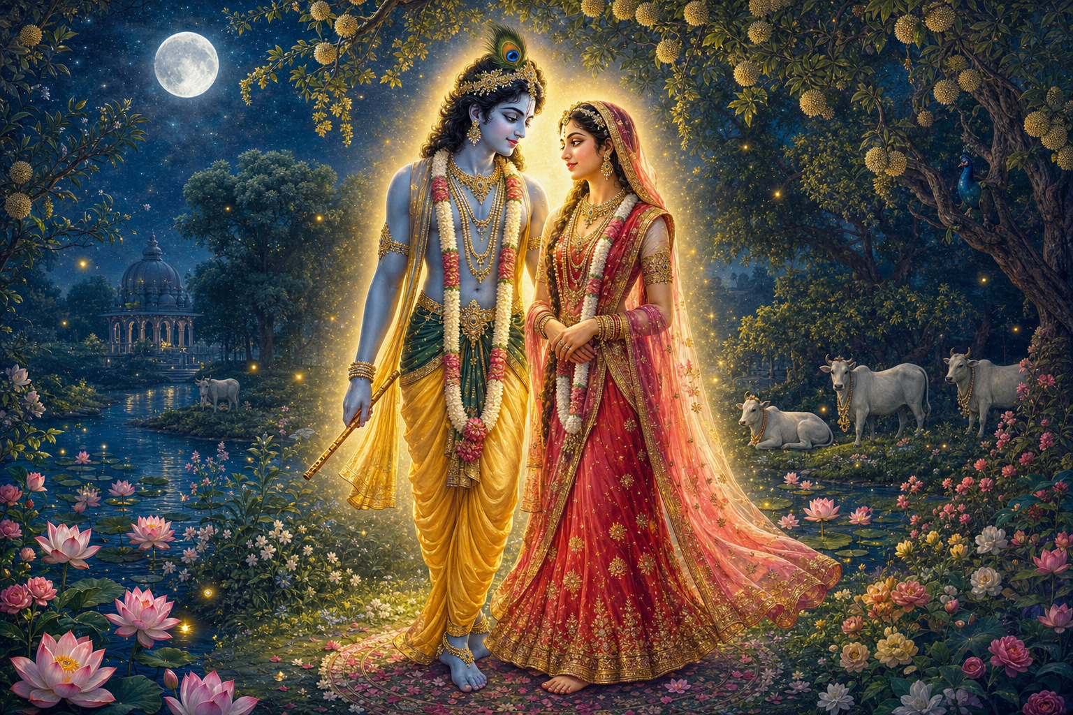 Radha and blue-skinned Krishna stand together in a moonlit flowering grove, surrounded by lotuses, fireflies, cows, and a shared golden radiance.