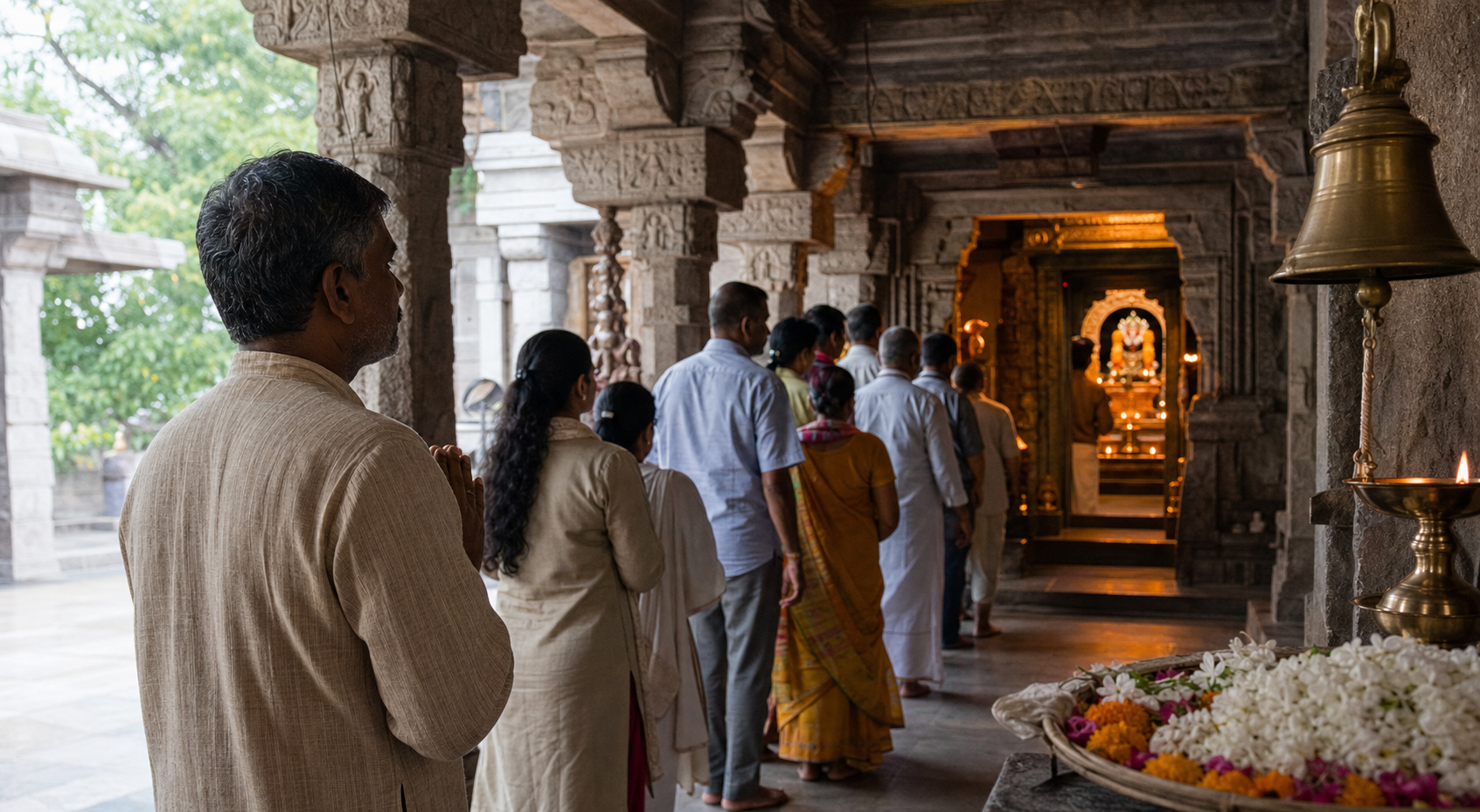 Worshippers move through a pillared Hindu temple hall as one devotee looks attentively toward the lamp-lit sanctum.