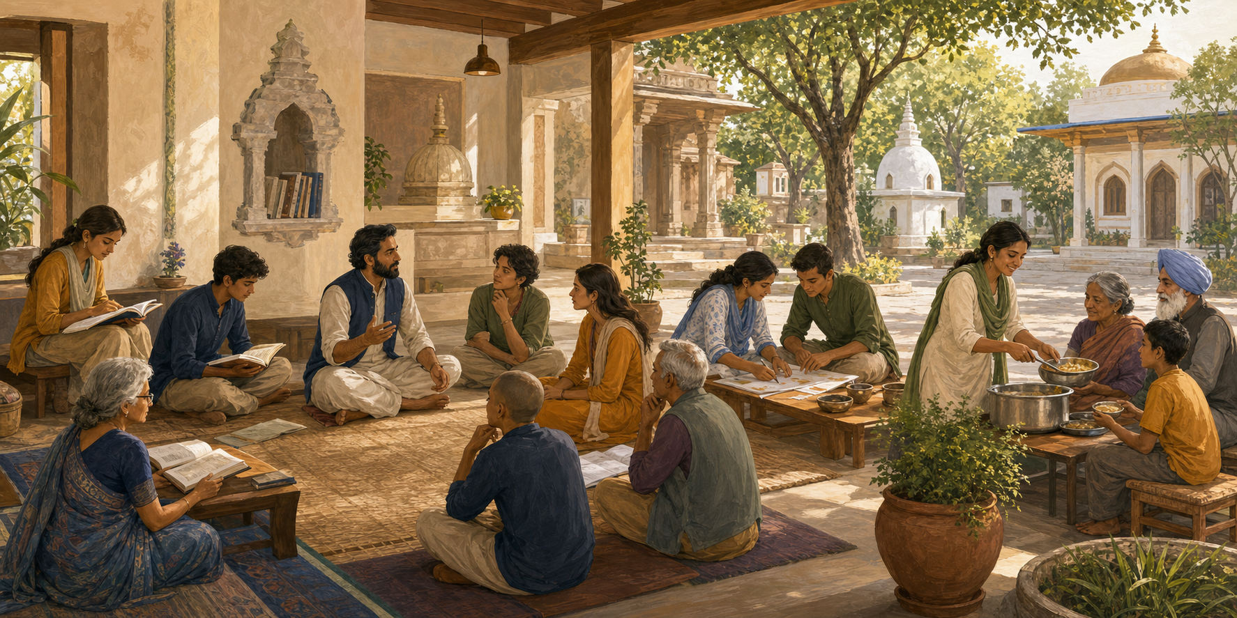 An educator and learners progress from reading and discussion in a seminar room to reflection, collaboration, and serving a meal in a community courtyard.