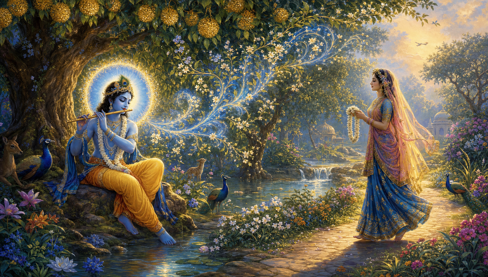 Krishna plays the flute beneath a tree as Radha approaches through a grove where light unfolds into flowers, animals, and rippling water.