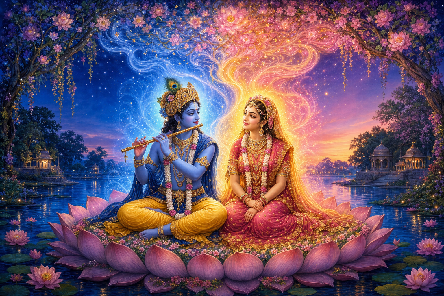 Radha and Krishna sit beside the Yamuna as their golden-pink and sapphire auras interweave into a luminous canopy of flowers and stars.