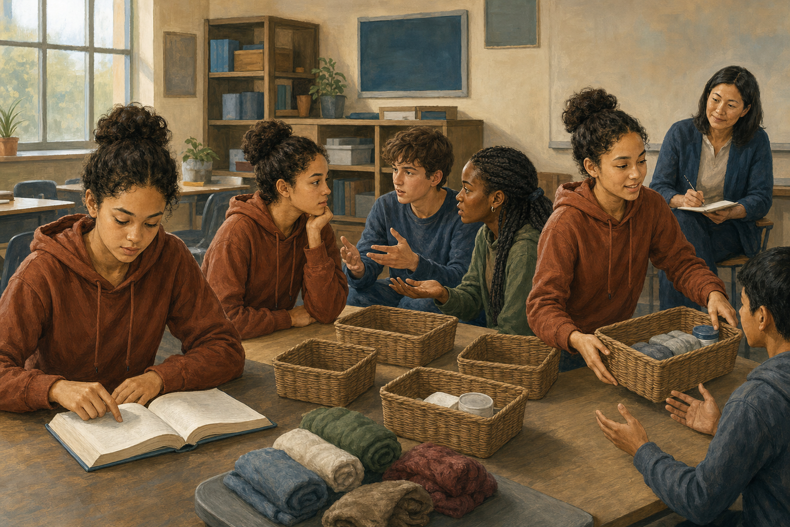 A learner studies a book, listens to disagreeing classmates, and helps the group distribute supply baskets while a teacher observes.