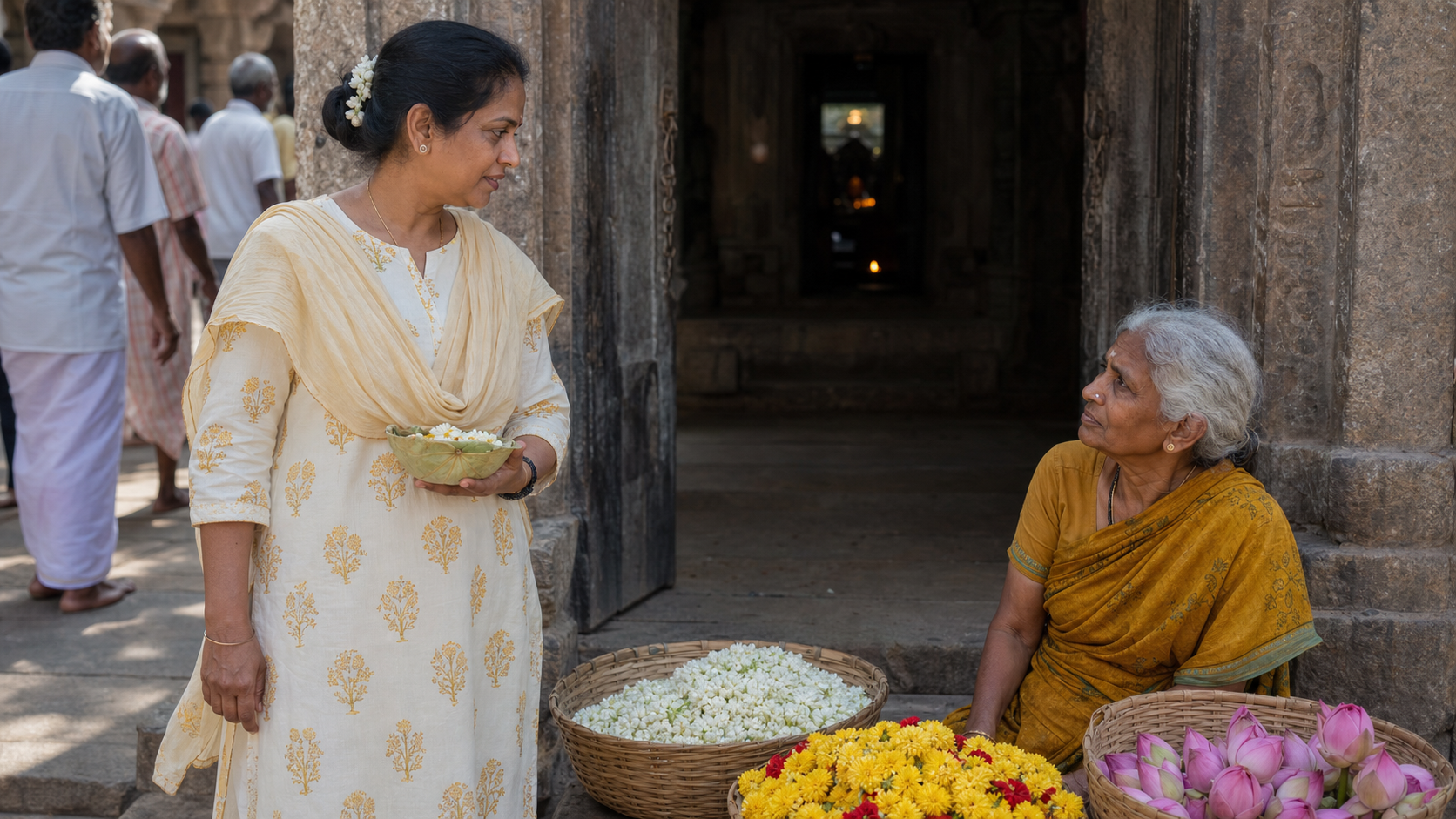 A devotee leaving a Hindu temple exchanges an attentive gaze with an elderly flower seller beside baskets of blossoms.