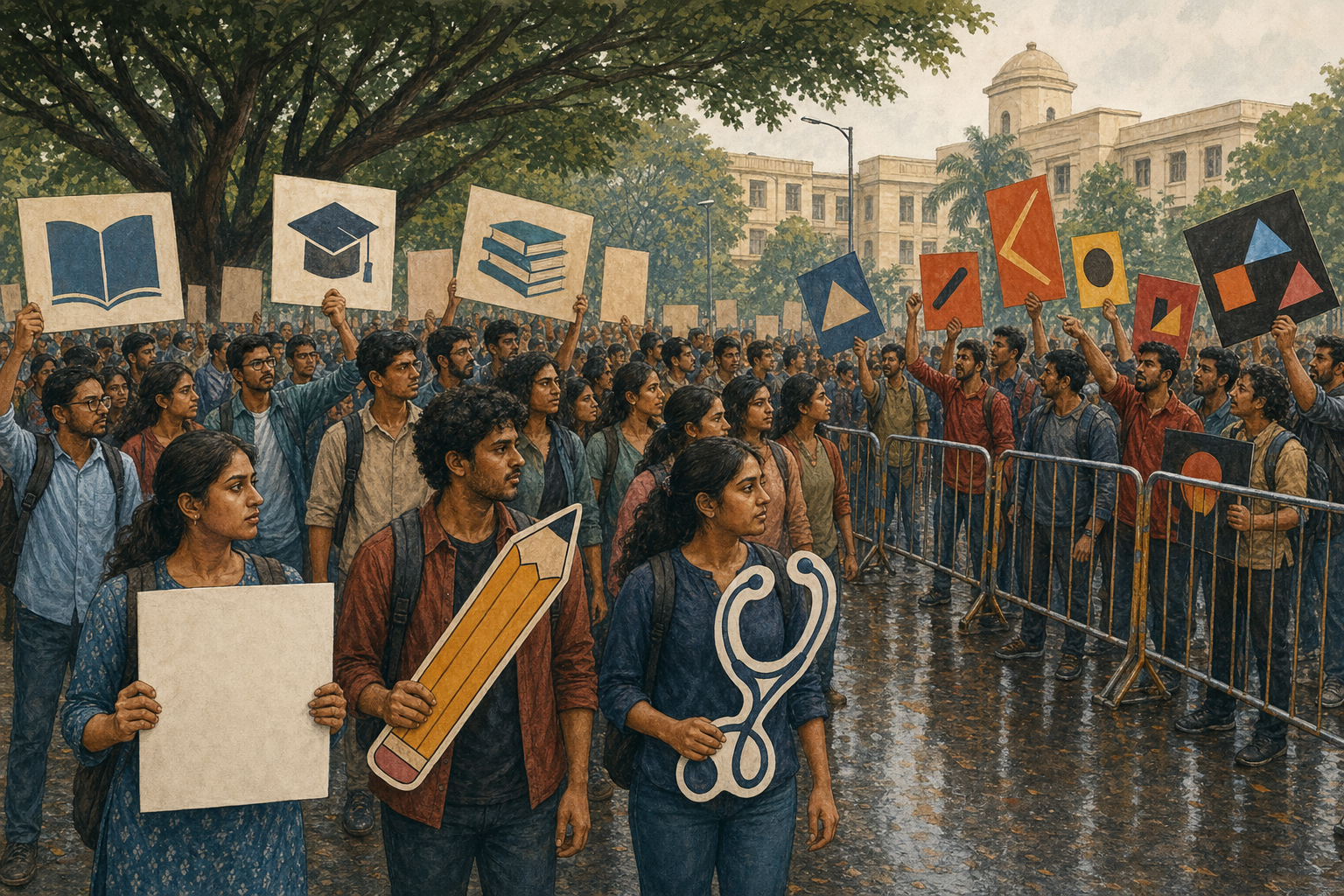 Editorial illustration of a fictional student protest in a Bengaluru streetscape, with education-themed materials across the crowd and a smaller group holding contrasting abstract placards.