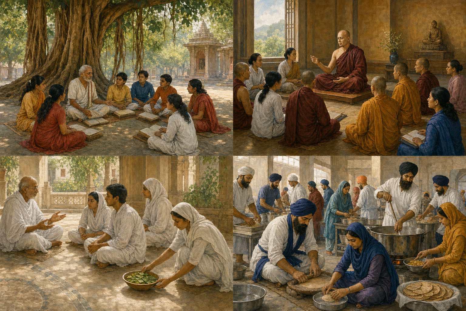 Four equally sized scenes show Hindu study beneath a tree, Buddhist contemplative learning, Jain dialogue about non-harm, and Sikh learning through work in a communal kitchen.