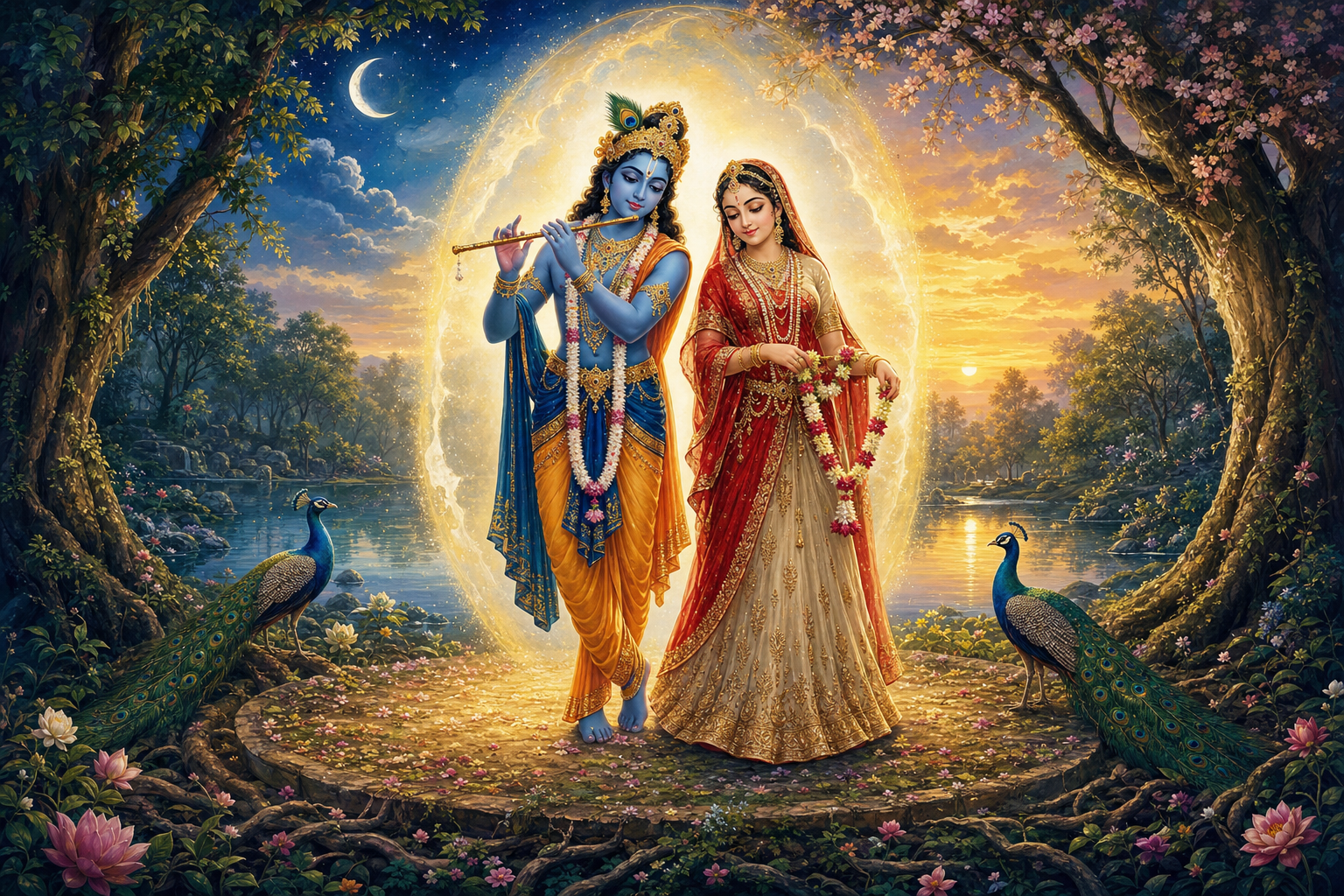 Radha and Krishna stand in a circular forest clearing where flowering trees, water, moonlight, and dawn surround their overlapping radiance.