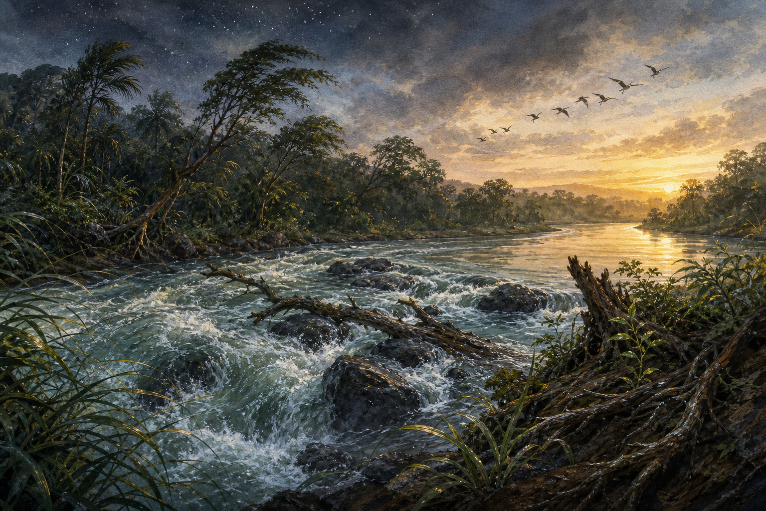 A rain-swollen forest river rushes around rocks and a fallen branch before becoming calm beneath dawn light and fading stars.