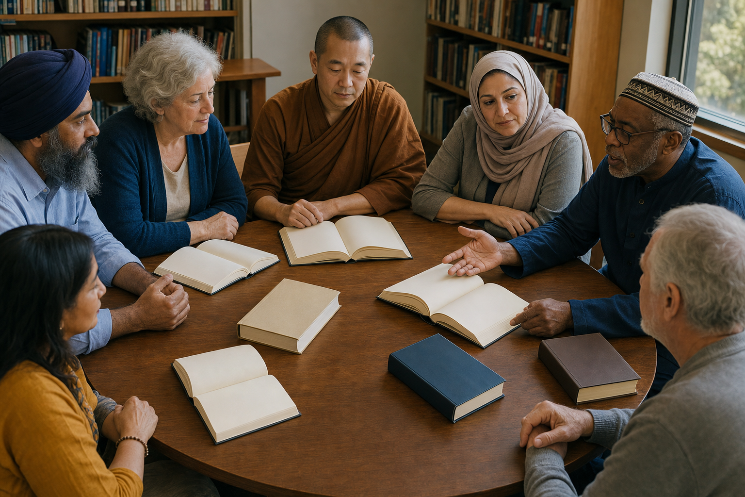 A diverse group of adults discusses several unmarked books around a round table in a sunlit library.