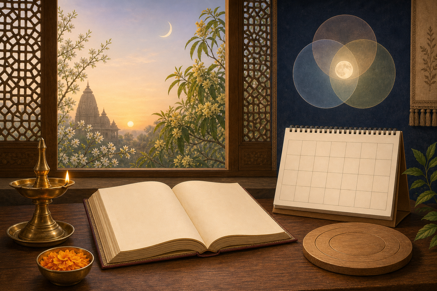 An open almanac, an unmarked desk calendar, a brass lamp, and three overlapping circular calendar layers beneath the sun and moon.