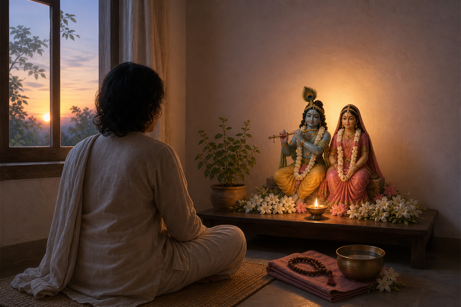 A seated devotee meditates before a simple dawn altar holding equal-height figures of Radha and Krishna, an oil lamp, flowers, prayer beads, and a tulsi plant.