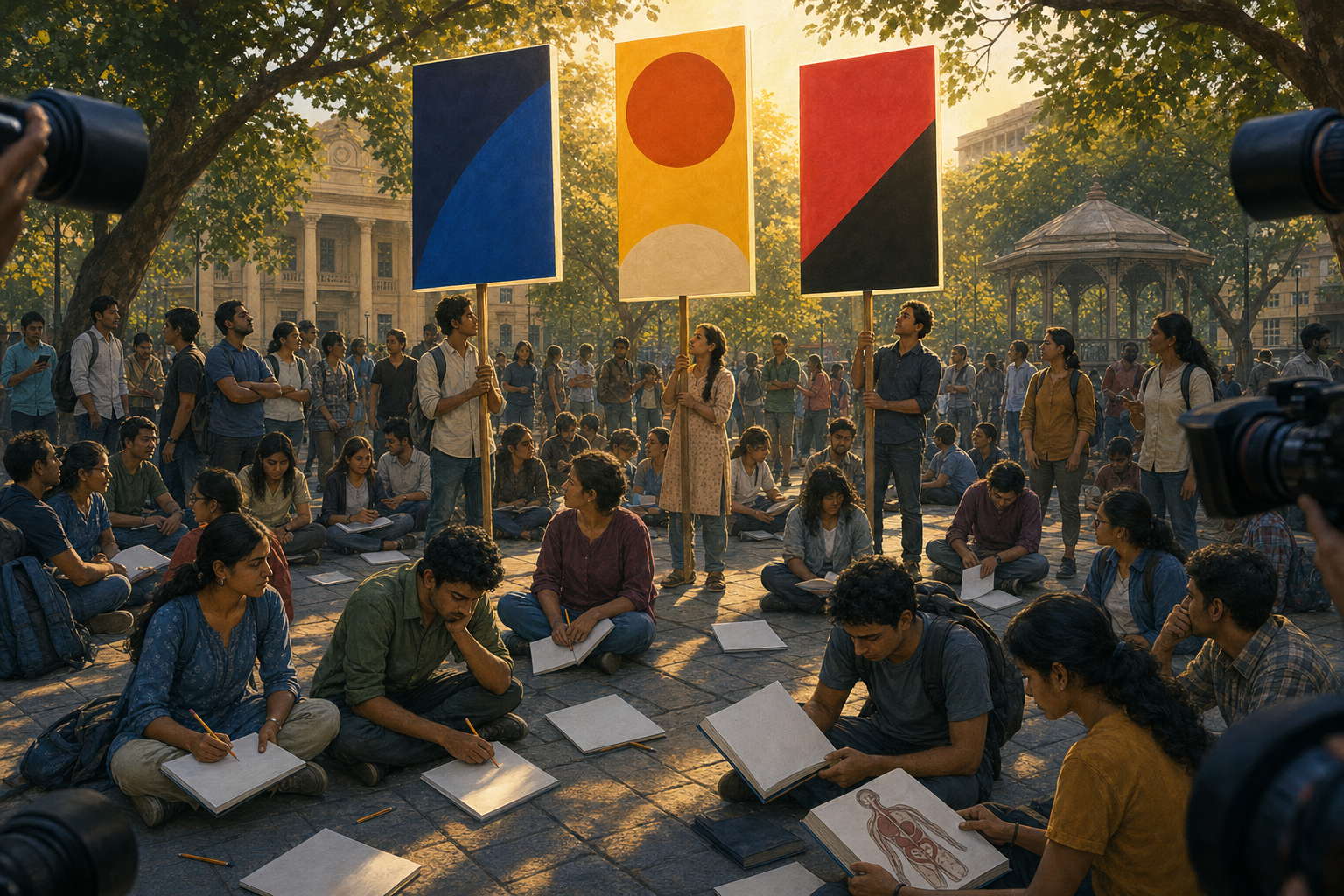 Conceptual illustration of a student crowd where three tall abstract placards attract camera attention away from education materials held by other protesters.