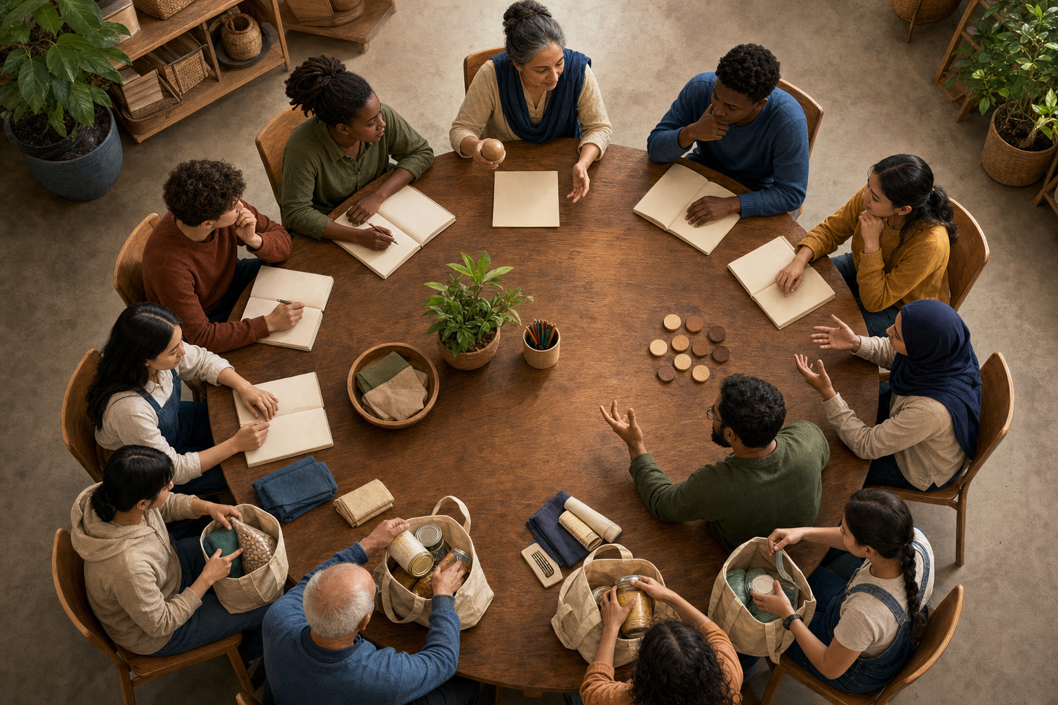 An overhead view shows learners moving around a circular table from study and reflection to ethical discussion, collaborative practice, and packing food for service.