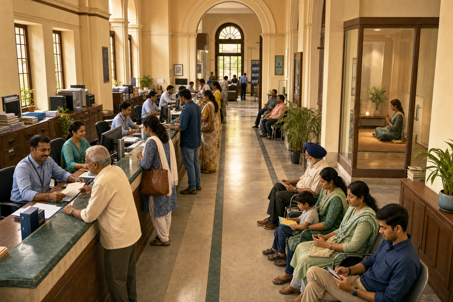 Residents receive assistance at a municipal service counter while a separate quiet room keeps the main corridor clear.