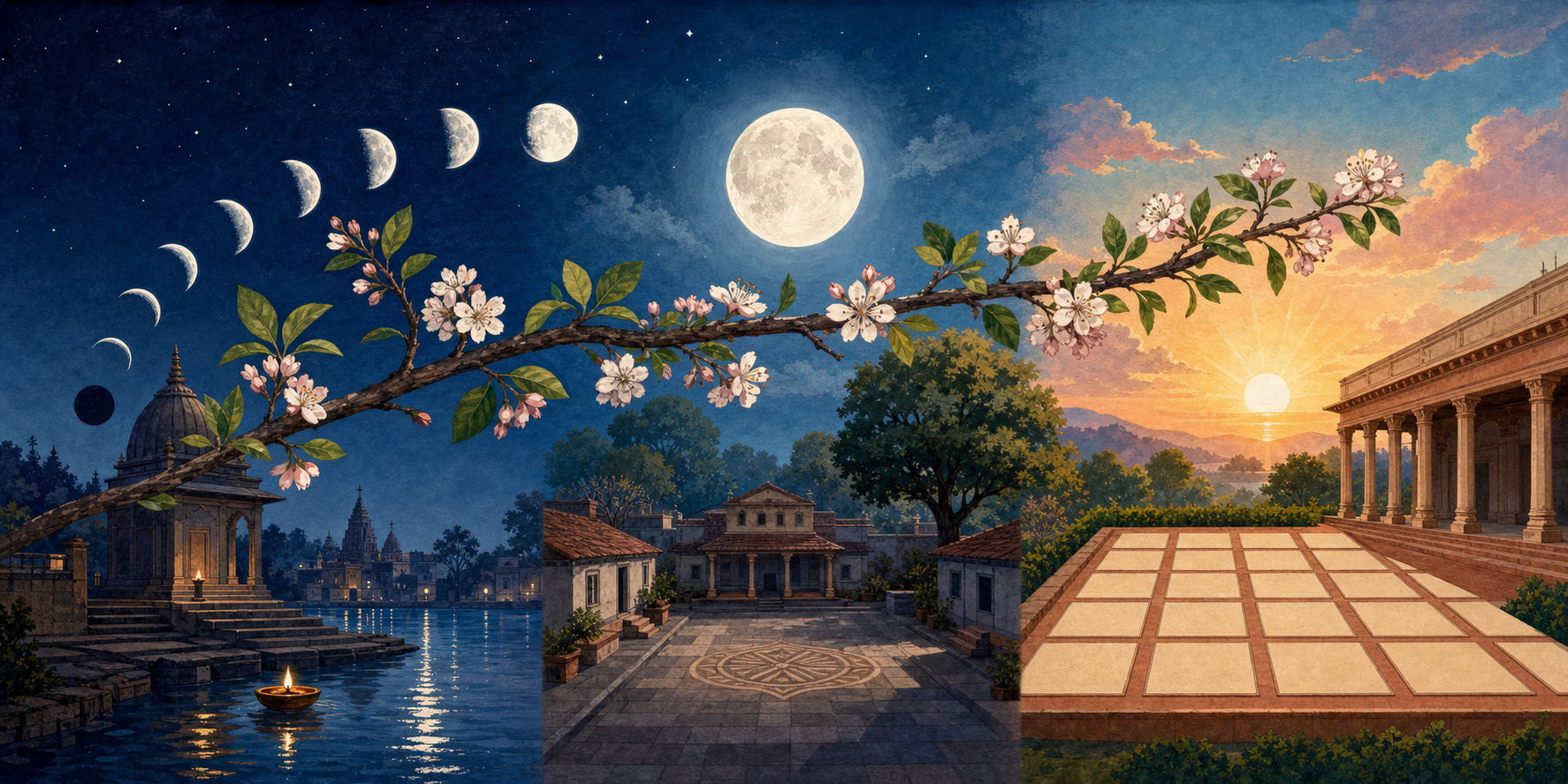 Three connected scenes show a new-moon cycle, a full-moon cycle, and an orderly civil-calendar pattern beneath one shared seasonal sky.