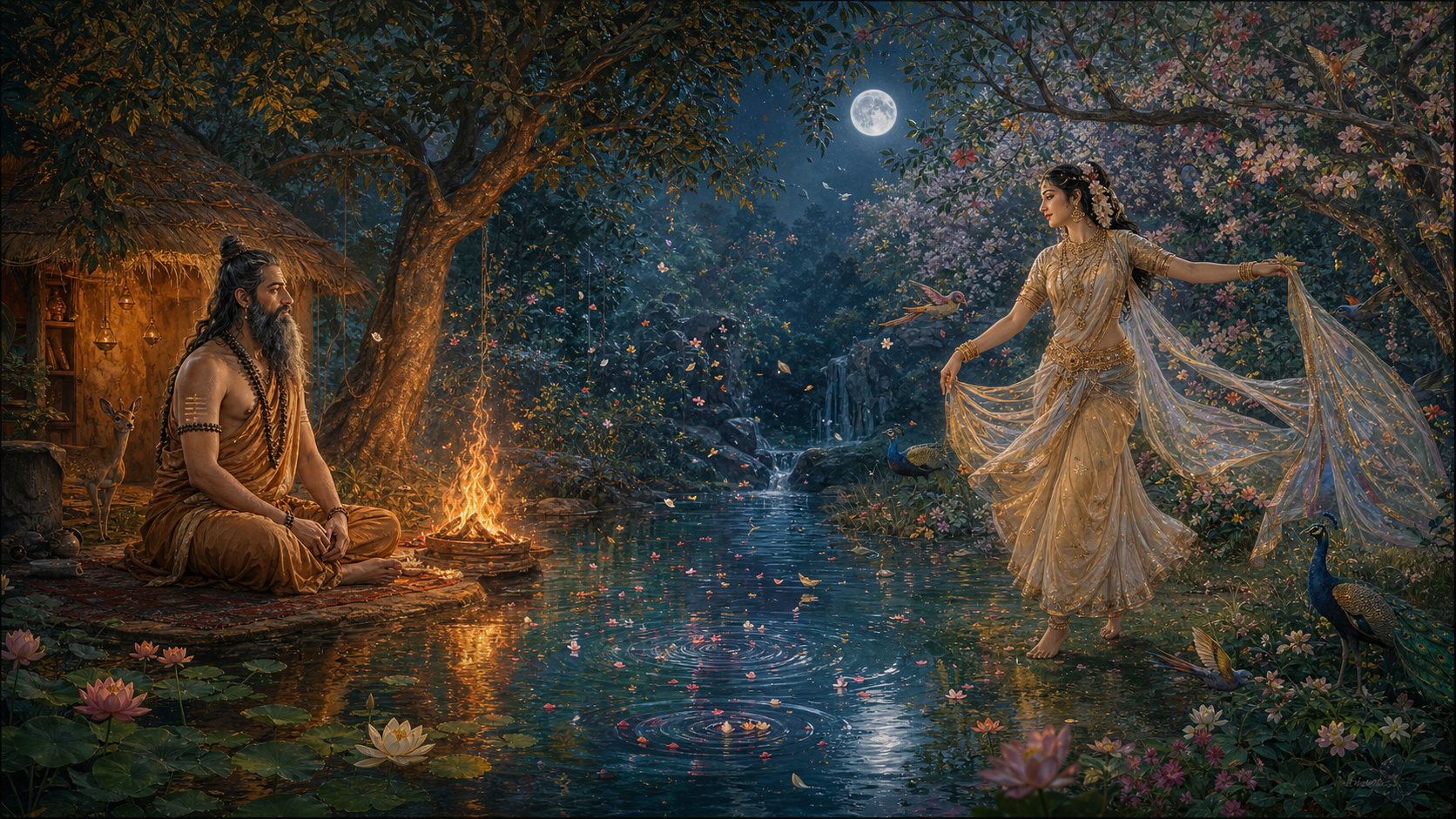 A rishi sits beside a small fire while an apsara moves through a flowering grove, with petals and light meeting above a rippling pool between them.