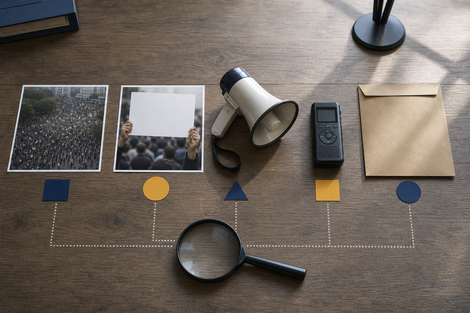 Editorial still life of anonymous protest images, a blank placard, a megaphone, a recorder, an evidence envelope, and a magnifying glass arranged for verification.