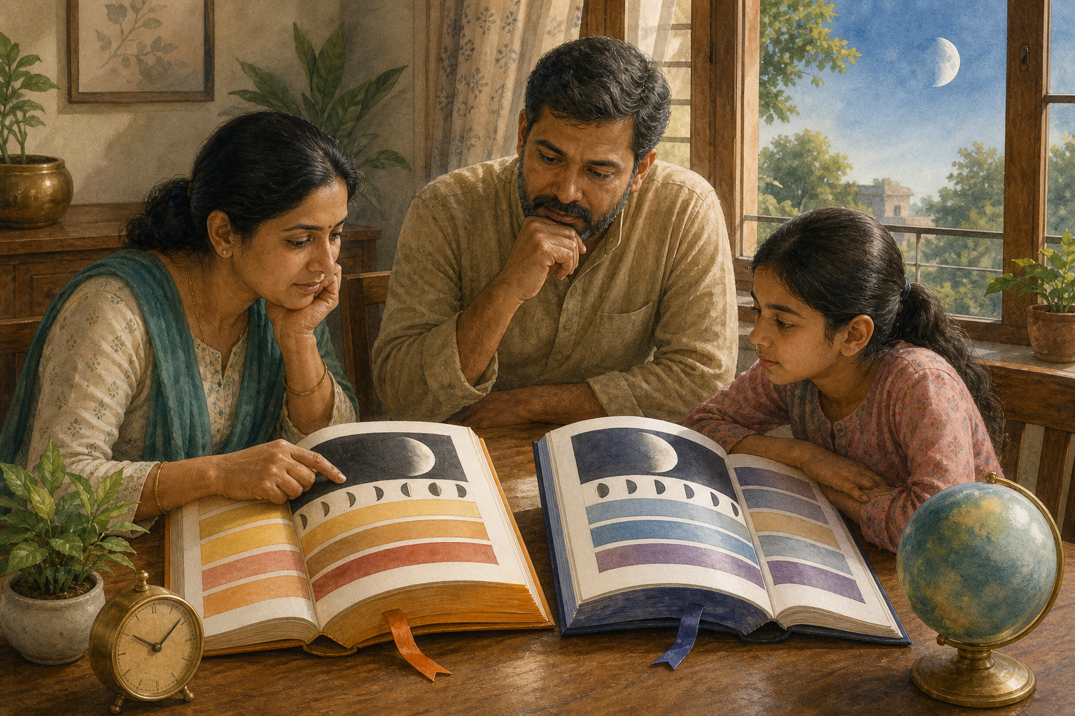 A person compares two differently colored almanacs at a table while the same waning moon is visible through a nearby window.