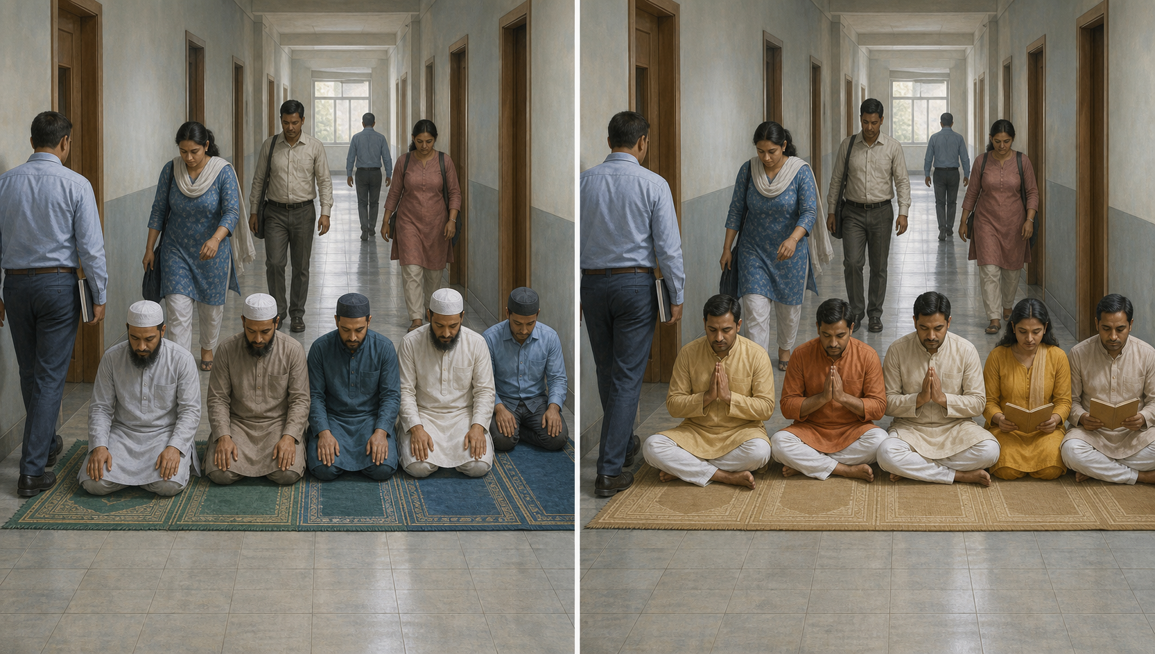 Two matched views show Muslim and Hindu prayer groups separately occupying the same municipal corridor and creating the same obstruction.