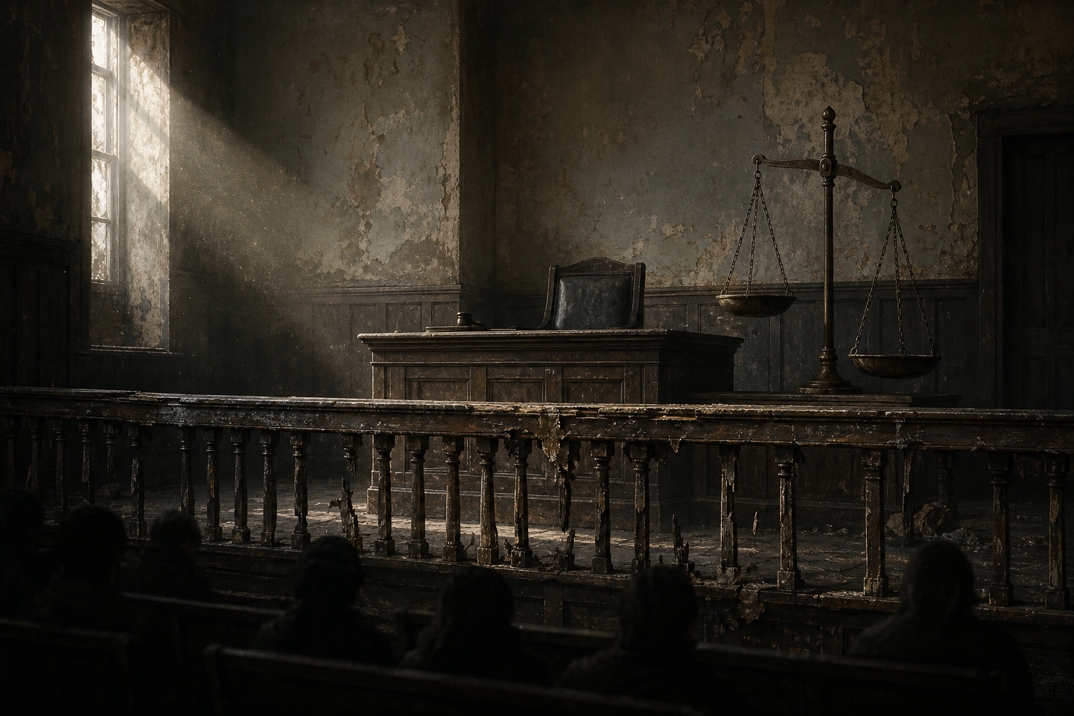 Citizens wait in the shadows of a worn civic hall where an uneven balance scale rests before an empty judge's bench.