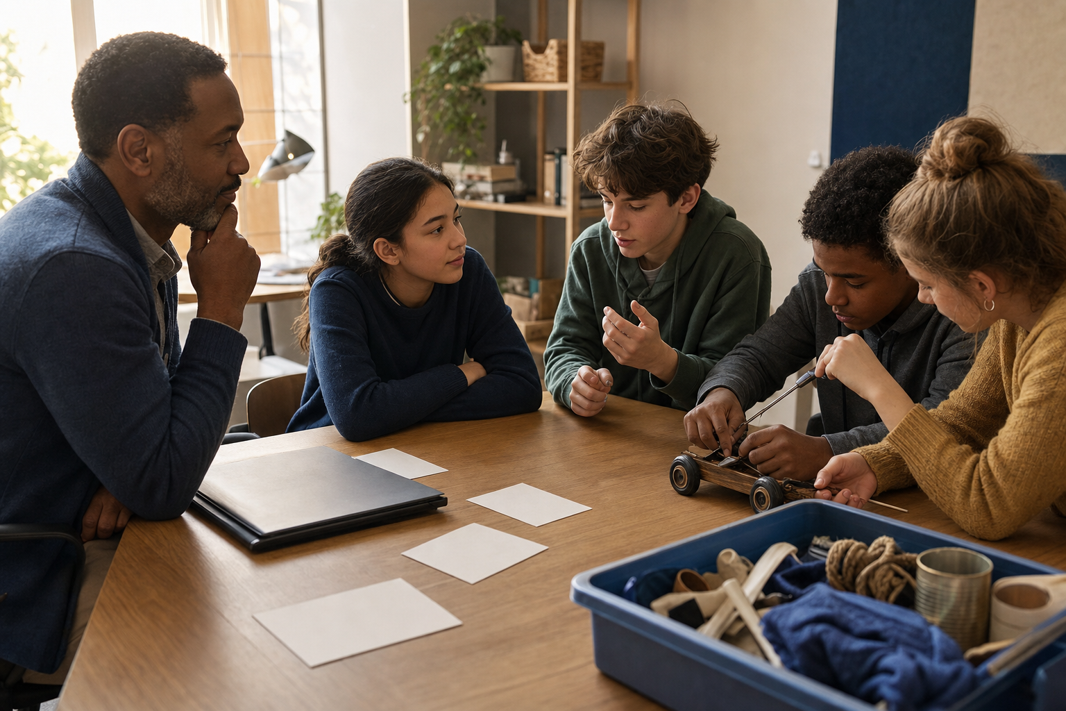 An educator observes learners listening, reconsidering an idea, cooperating, and repairing a shared object beside blank portfolios and reflection cards.