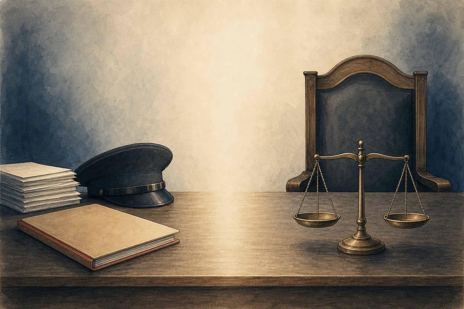 Symbolic illustration of a plain police file separated by neutral space from an empty judge's chair and balanced scales.