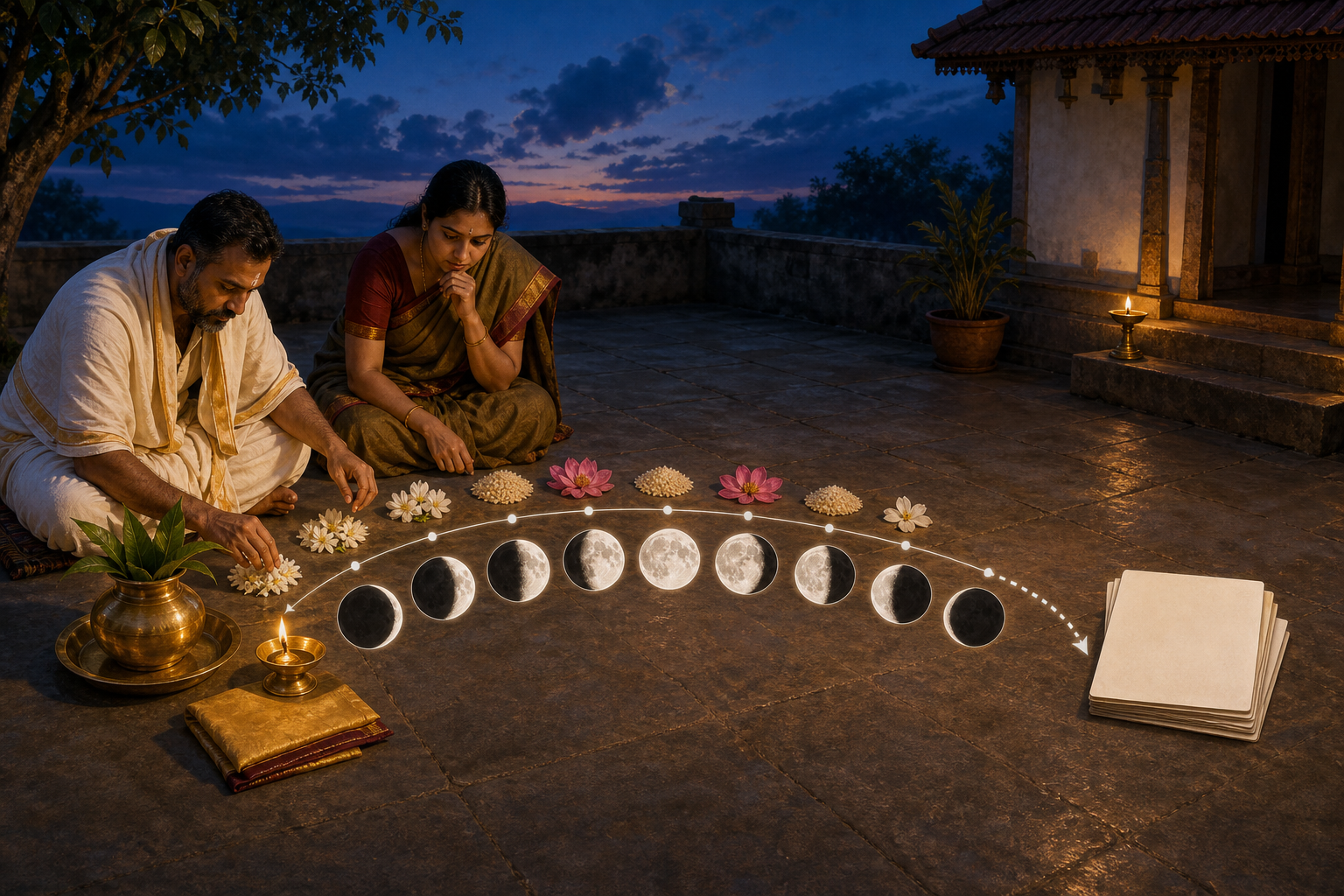 A priest and a family planner arrange ritual items beside a sequence of moon phases leading toward blank calendar cards.
