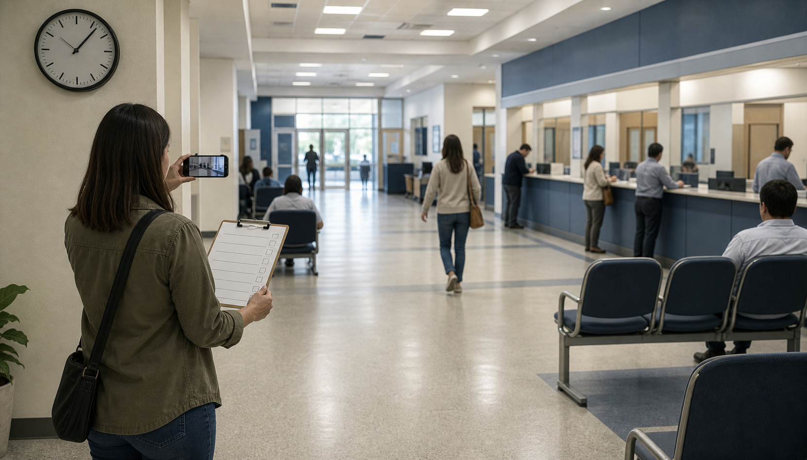 A resident documents conditions in a municipal service hall with a phone and blank observation form while the clock, counter, and corridor remain visible.