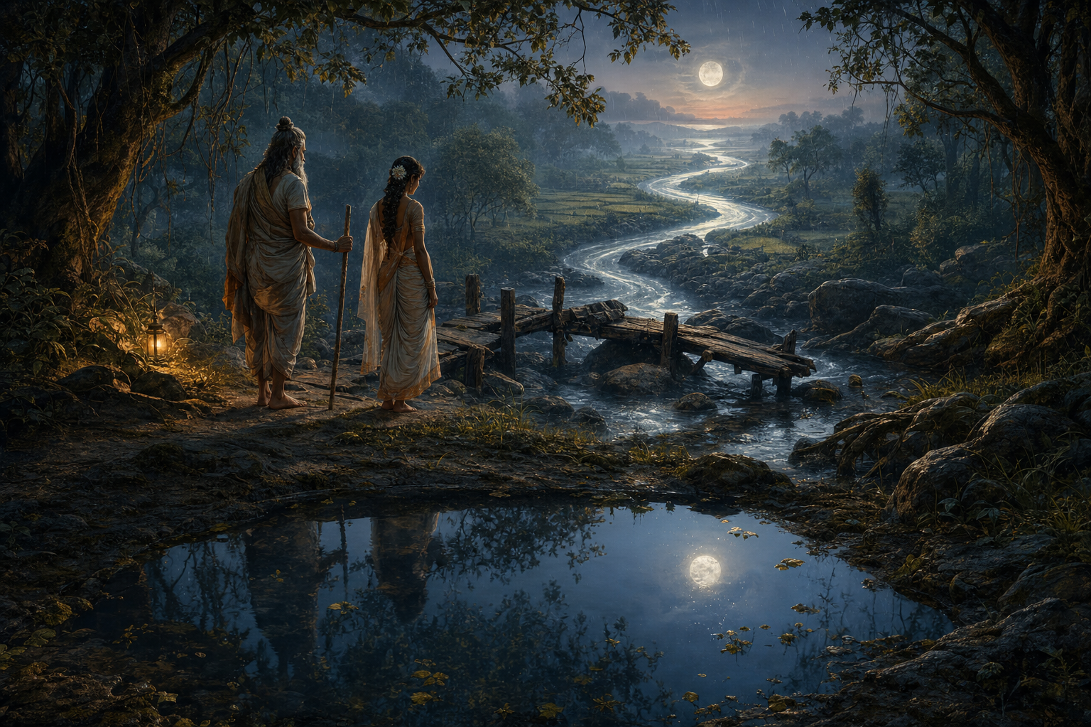 A clear pool reflects the moon while a river winds through the landscape and two figures examine a broken footbridge before selecting another path.