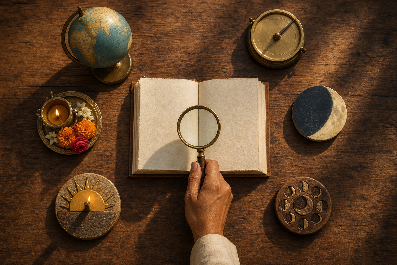 Six calendrical reference objects surround a blank open almanac as a hand examines it with a magnifying lens.