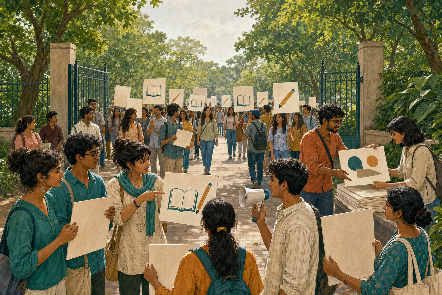 Editorial illustration of fictional student volunteers reviewing blank and symbolic placards to keep an education protest focused and orderly.