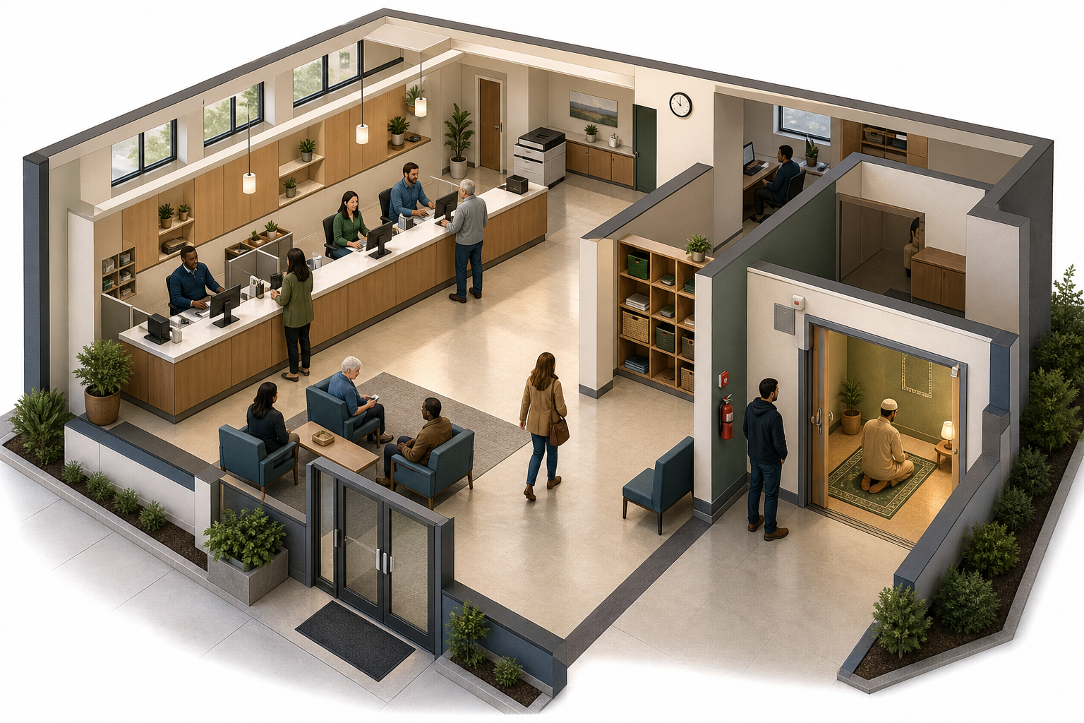 Cutaway view of a municipal office with active service counters, clear public corridors, and a separate accessible quiet room for private prayer.