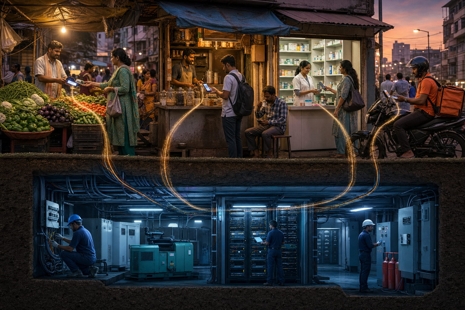 Customers use mobile payments in an Indian neighborhood market above a cutaway view of cables, servers, backup systems, and workers supporting the network.