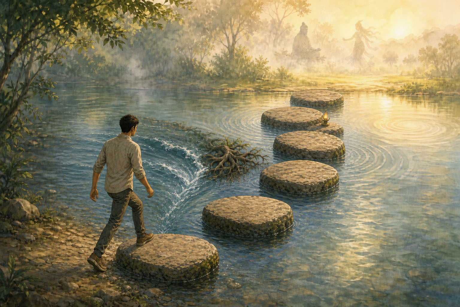 A reader crosses a forest river on six stepping stones toward a sunlit bank, with a rishi and an apsara faintly visible in the distant mist.