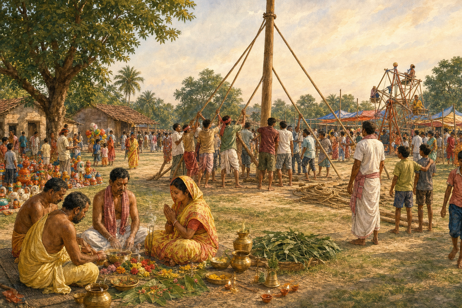 Vow-observing devotees sit with ritual offerings near a wooden Charak pole while villagers and families gather at fair stalls farther across the field.